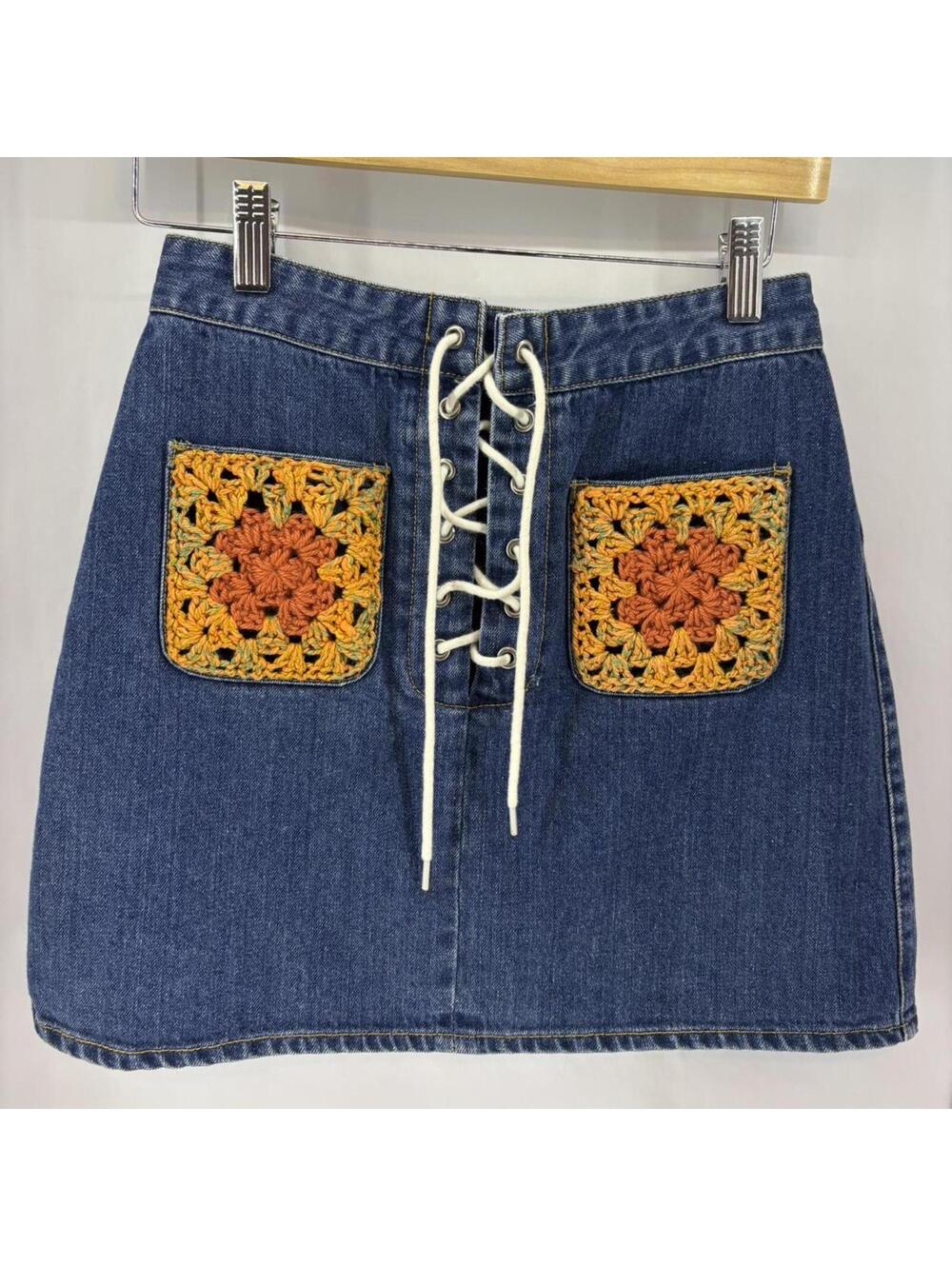 ooak Denim mini skirt with orange granny square crochet pockets & lace-up detail